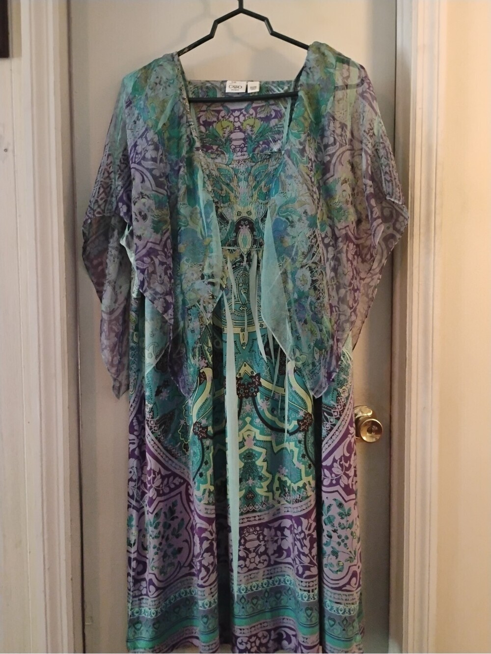 Cato Woman Green Purple Paisley Boho Chiffon Overlay Tunic Top 22/24W